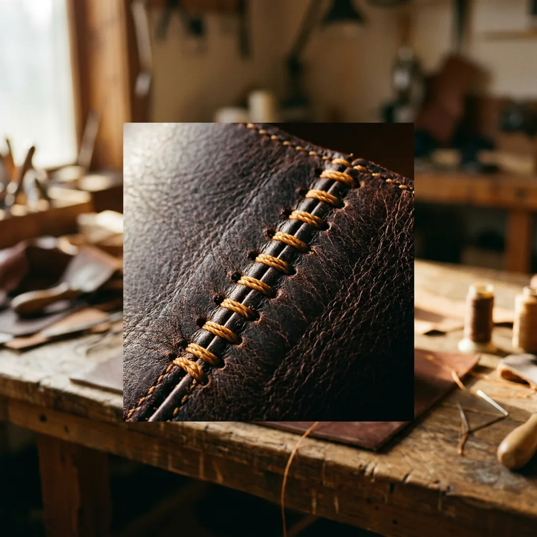 Close-up of hand stitching on leather shoe upper